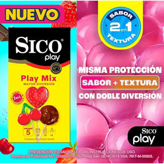 CN-140 Sico Play Mix, Condón Texturizado Y Sabores Mixtos 5 Pzas