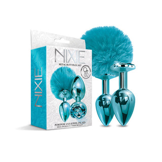 PS-868 Nixie Metal Butt Plug Set w/Jewel Inlaid & Pom Pom Blue Metallic