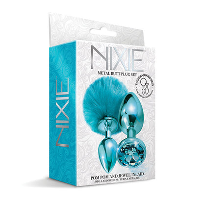 PS-868 Nixie Metal Butt Plug Set w/Jewel Inlaid & Pom Pom Blue Metallic