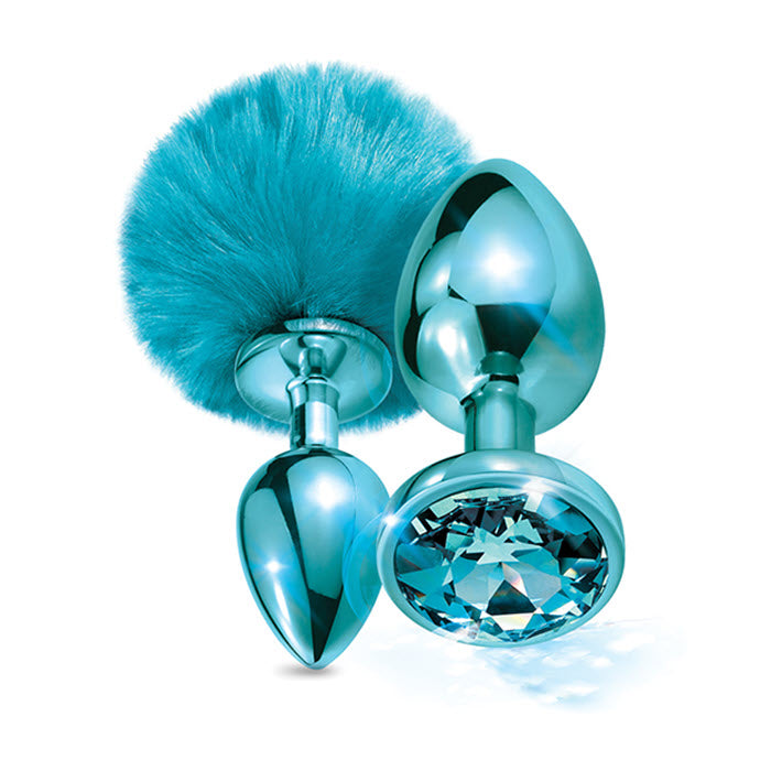 PS-868 Nixie Metal Butt Plug Set w/Jewel Inlaid & Pom Pom Blue Metallic