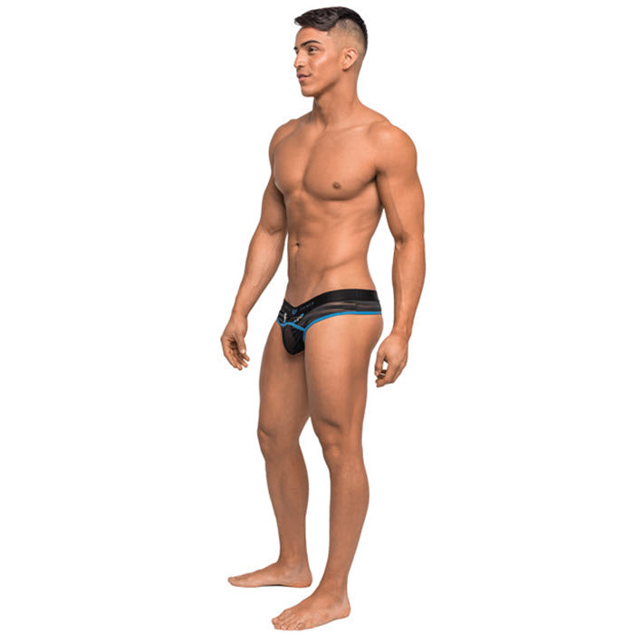 RH-184  Clip Tease Unique Mesh Pouch Thong Blk/Blu Talla L/XL