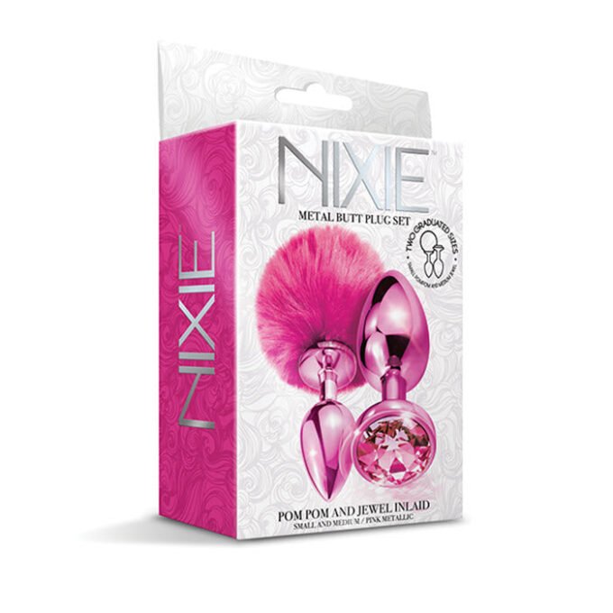 PS-866 Nixie Metal Butt Plug Set w/Jewel Inlaid & Pom Pom - Pink Metallic - Imagen 2