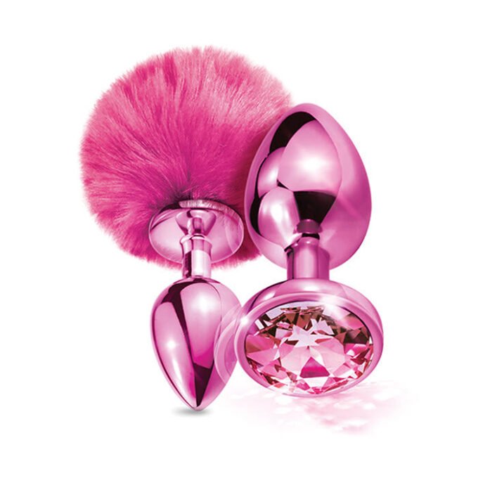 PS-866 Nixie Metal Butt Plug Set w/Jewel Inlaid & Pom Pom - Pink Metallic