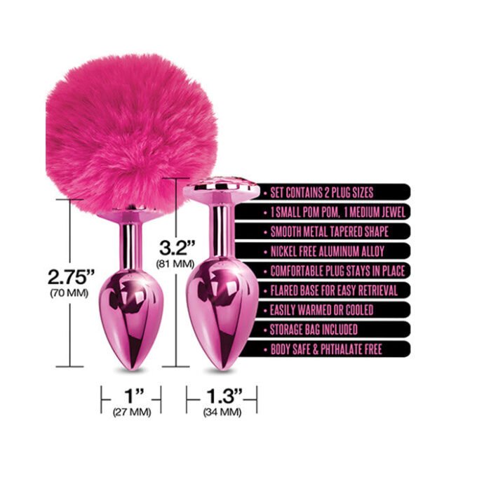 PS-866 Nixie Metal Butt Plug Set w/Jewel Inlaid & Pom Pom - Pink Metallic - Imagen 3
