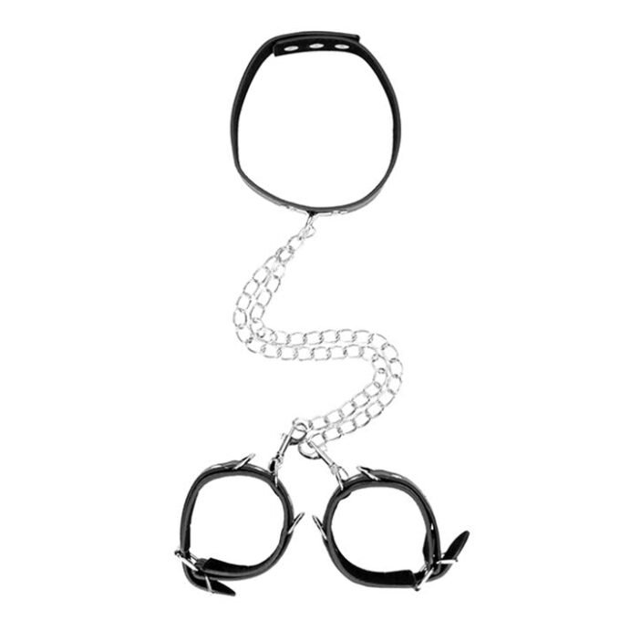 BG-25 Shots Ouch Black & White Bonded Leather Collar w/Hand Cuffs Black - Imagen 2