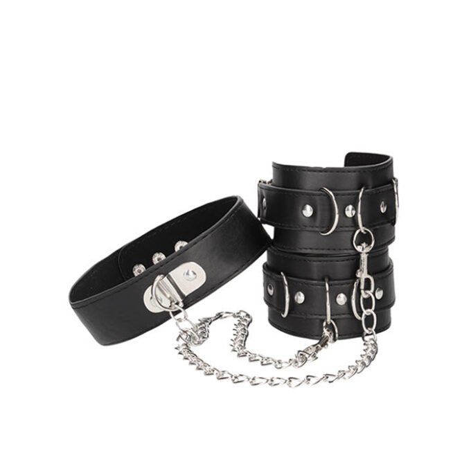 BG-25 Shots Ouch Black & White Bonded Leather Collar w/Hand Cuffs Black - Imagen 3