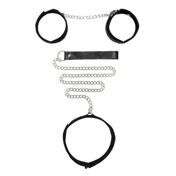 BG-24 Shots Ouch Black & White Velcro Collar w/Leash & Hand Cuffs - Black - Imagen 2
